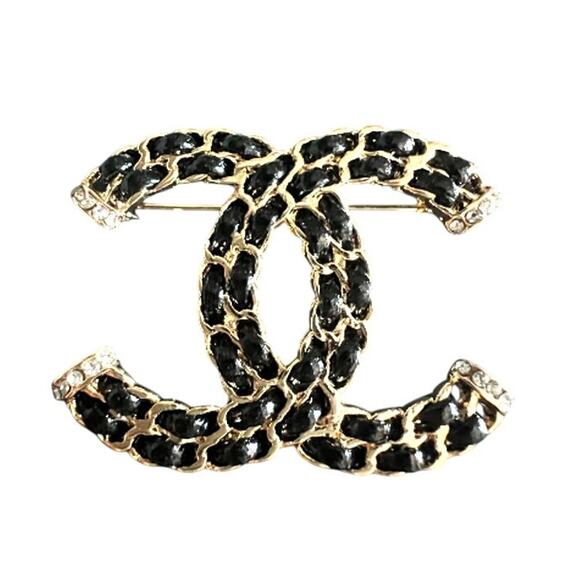 CHANEL Chain Black Leather Crystal Gold Brooch A23 (CHXX005) - Picture 1 of 9